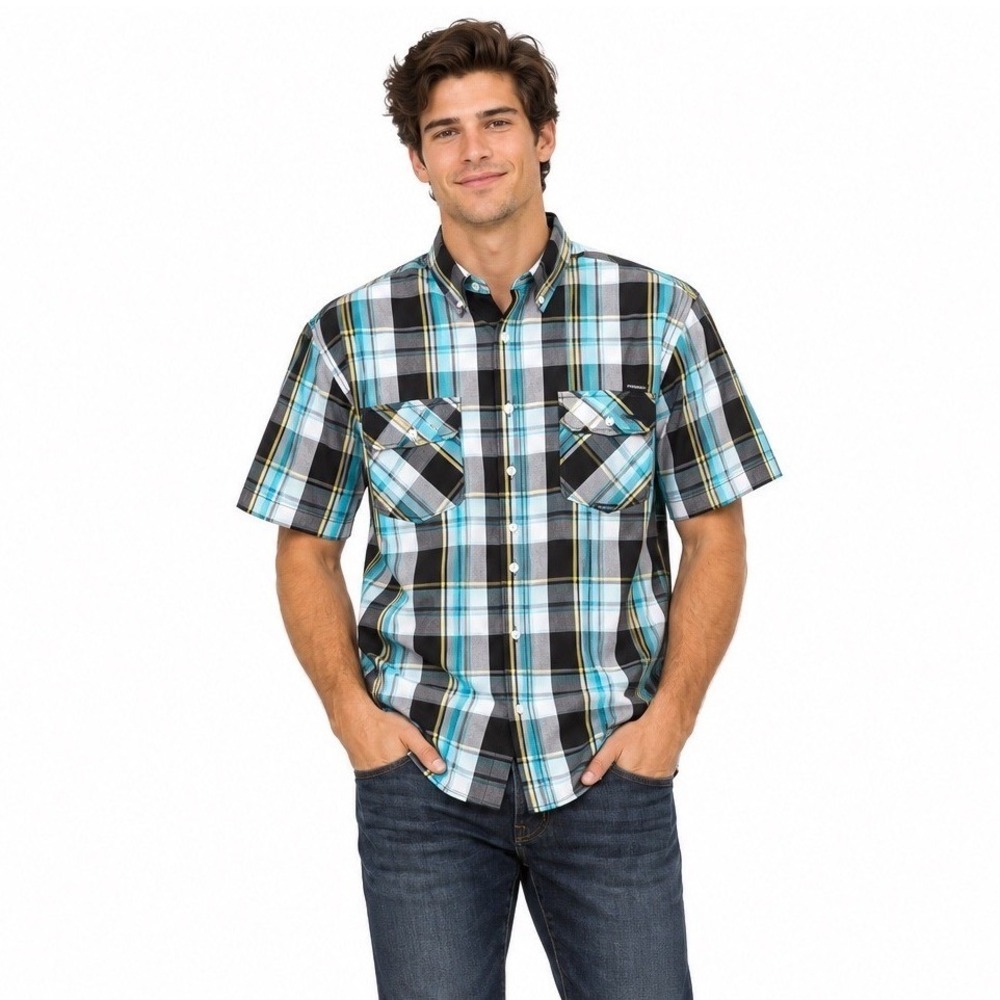 Rocawear Classic Mens Large Plaid Short Sleeve Button Down Shirt Aqua Blue Y2K